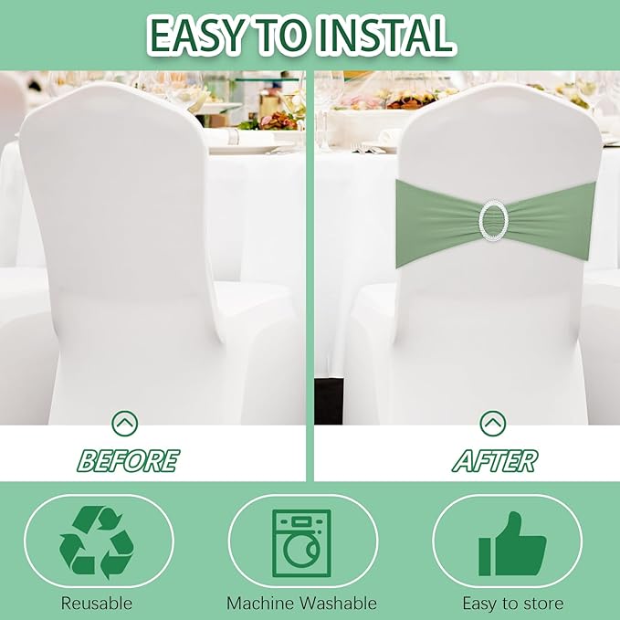 CHENGU 150 Pieces Spandex Stretch Chair Sashes Bows Elastic Chair Cover Bands Ties with Buckle Slider for Wedding Party Reception Events Universal Ceremony Banquet Decorations(Sage Green)