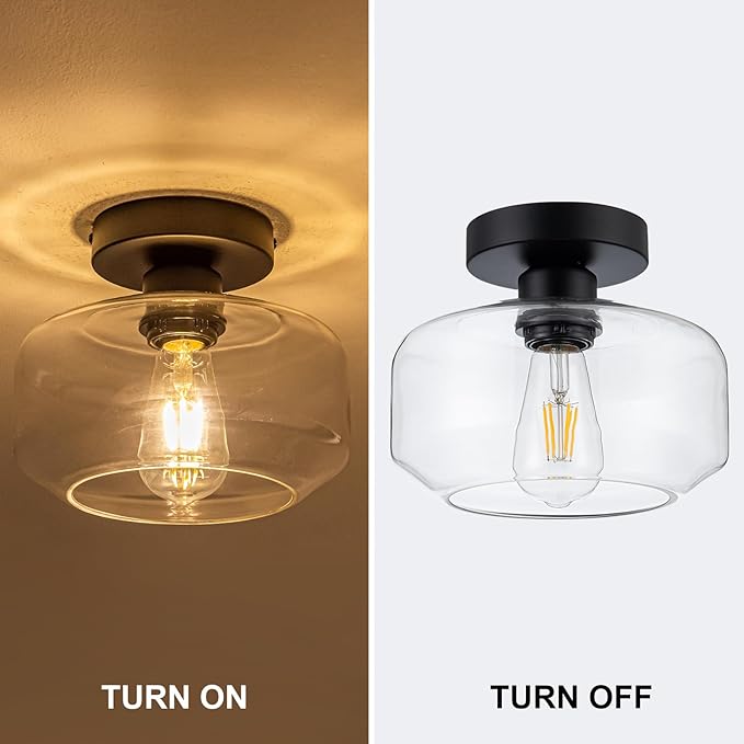Black Flush Mount Ceiling Light - Modern Glass Semi-Flush Fixture w/LED Bulb - Matte Black Metal for Hallway, Kitchen, Bathroom, Bedroom - Easy Install