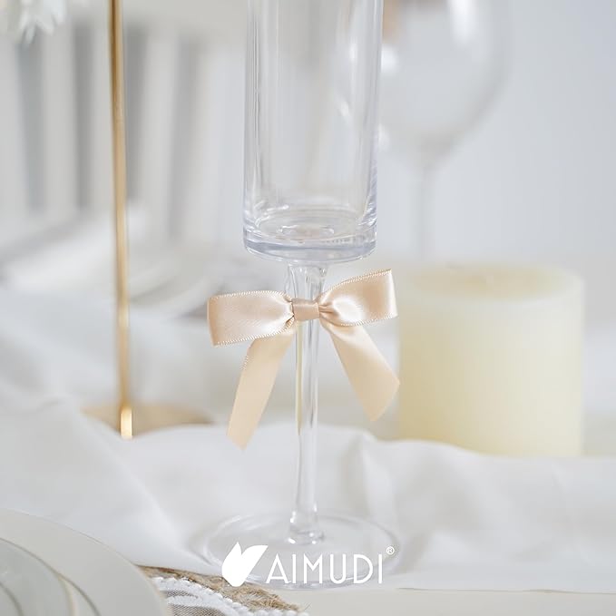 AIMUDI Small Champagne Christmas Bows 2.5" Premade Satin Ribbon Twist Tie Bows for Treat Bags Mini Bows for Christams Tree Ornaments Ribbon for Cake Pops Bows for Wedding Decor Gift Wrap- 50 Counts