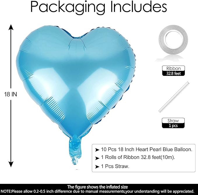 10pcs Pearl Blue Foil Heart Shaped Balloons - 18 Inch Heart Mylar Balloons for Baby Shower, Wedding, Valentine Decorations