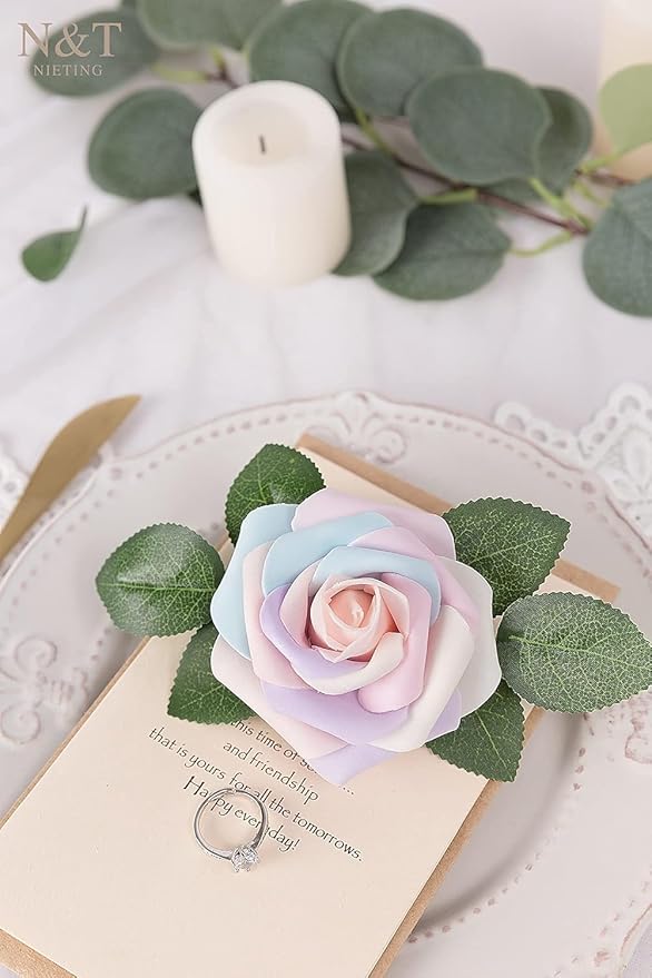 N&T NIETING Artificial Flowers, 25Pcs Fake Flowers Roses Perfect for DIY Wedding Bouquets Centerpieces Bridal Shower Party Home Flower Arrangement Decorations, Rainbow Color