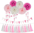 Hot Pink White Party Decorations - 23pcs Tissue Paper Flower Pom Poms Tassel Garland Pennant Banner Flags Streamers Women Girl Birthday Baby Bridal Shower Engagement Bachelorette Wedding Hanging Decor