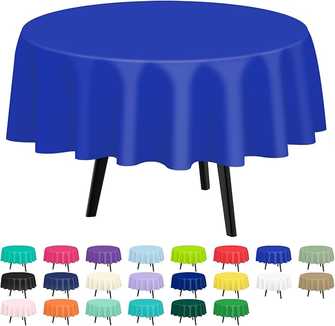 QIKSION Dark Blue Round Tablecloth 2 Pack, 84 Inch Plastic Table Cover Disposable for Parties