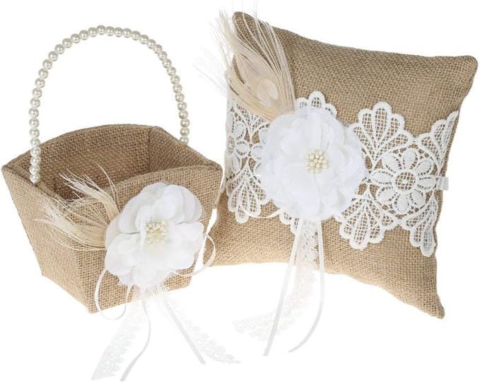 Fbest 4pcs/Set Vintage Rustic Burlap Wedding Supplies Flower Girl Basket + Ring Bearer Pillow + Guest Book + Pen Holder Set