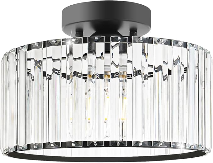 Crystal Ceiling Light Fixture, Modern Semi Flush Mount Ceiling Light, Black Close To Ceiling Light Fixtures, Crystal Chandelier Entryway Light, 11in Chandelier for Bedroom Porch Kitchen Living Room