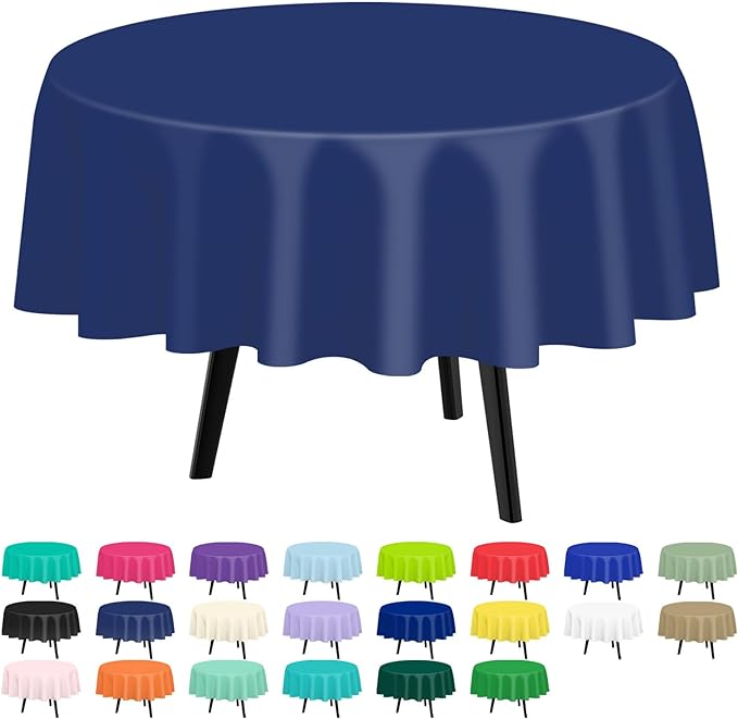 QIKSION Navy Blue Round Tablecloth 12 Pack, 84 Inch Plastic Table Cover Disposable for Parties