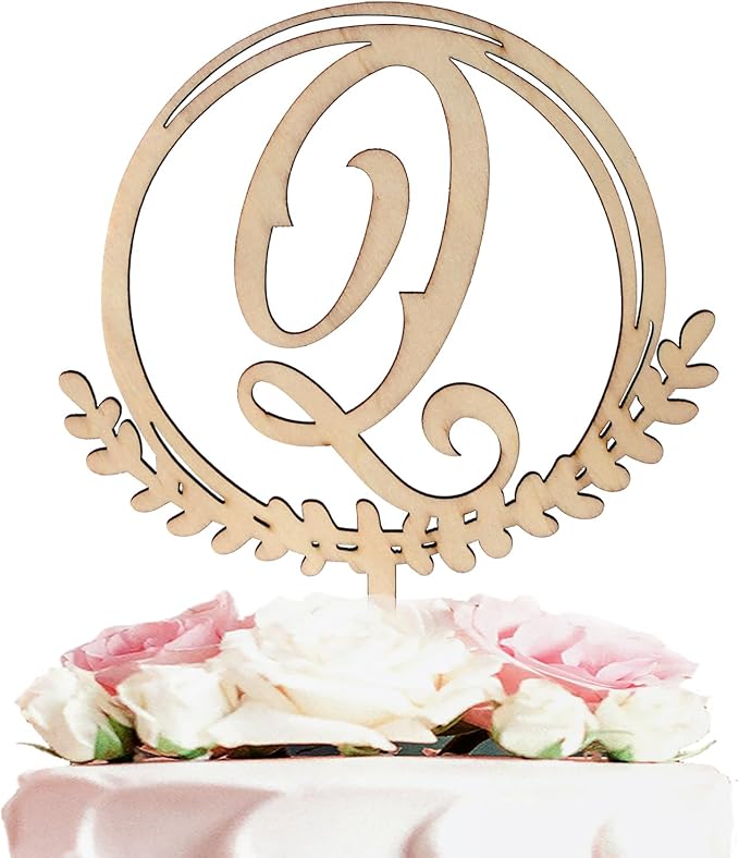 LINGTEER Personalized Inital Letter Q Wooden Cake Topper Perfect for Birthday Rustic Wedding Anniversary Keepsake Party Decoration