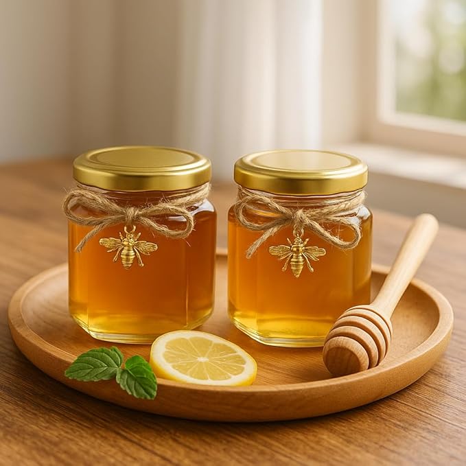 50 Pack 1.5 oz Hexagonal Honey Jars for Honey with Wooden Dipper bee Charms Thank You Cards Burlap Fabric Twine String for Baby Shower Wedding Party Favors Gifts