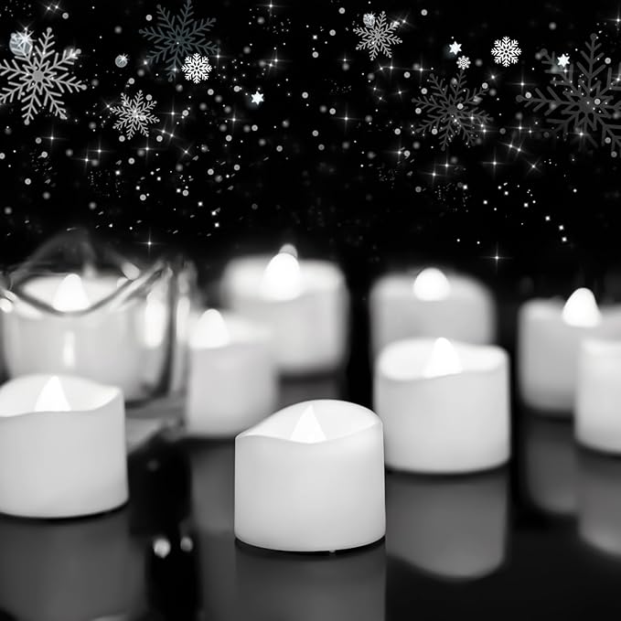 Homemory 48-Pack Cool White Novelty Flickering Flameless Tea Lights, 200+Hours Battery-Operated LED Fake Candles for Wedding Table Centerpieces,Proposal,Anniversary, White Base, Ø1.5'' × H1.3''