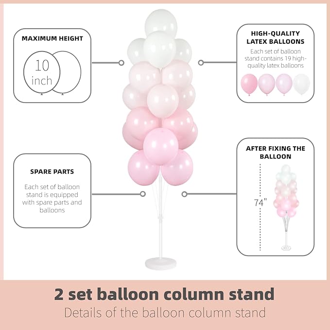 Balloon Column Kit Set of 2 With Baby Pink Chrome Balloons Included - with Base,Pole,Balloon Tower Backdrop Decoration for Wedding,Baby Shower, Birthday,Princess Party, or Bachelorette