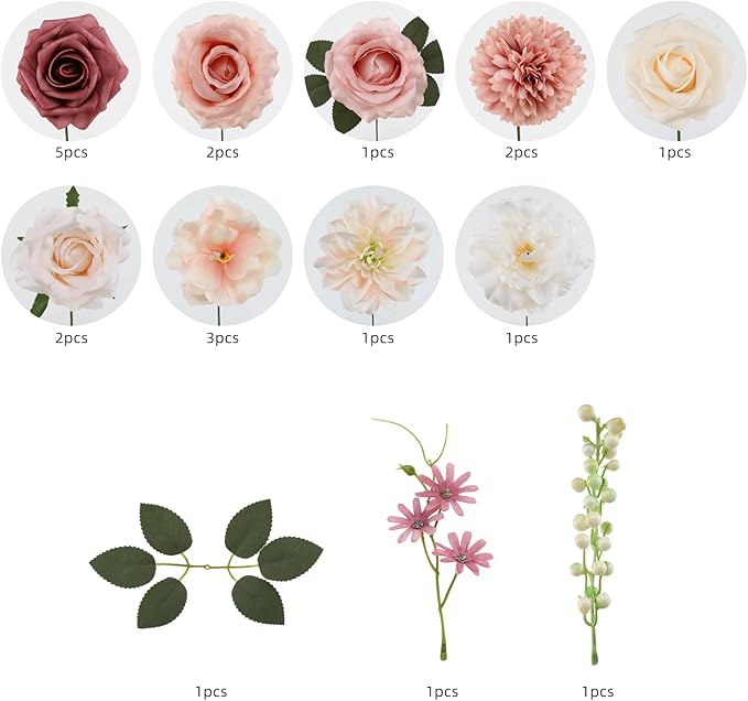 Floweroyal Artificial Flowers Combo Pink Flowers Mix Silk Flowers Dahlia Roses with Stems for DIY Wedding Bridal Bouquets, Baby Shower, Floral Arrangement, Table Centerpieces, Home Decorations