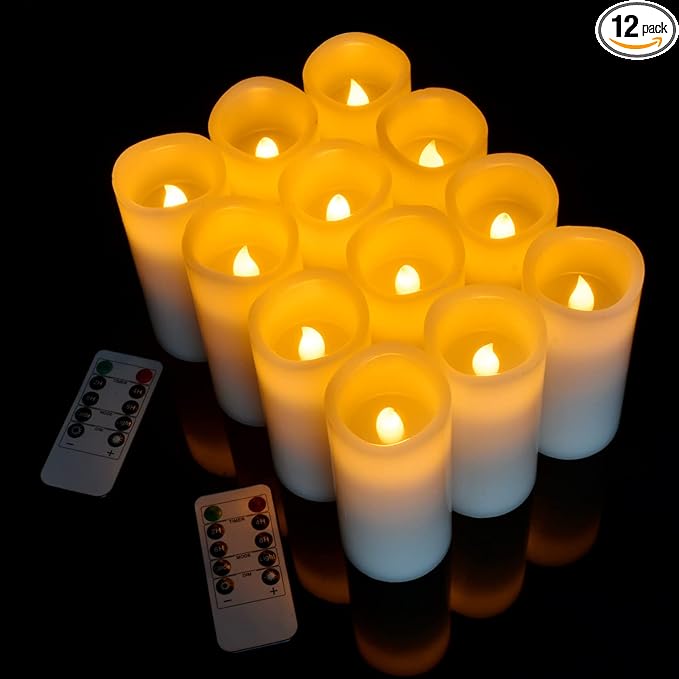 Vinkor Flameless Candles Battery Operated Candles Real Wax Pillar LED Candles with 10-Key Remote and Cycling 24 Hours Timer (Ivory Set of 12 （D2.2 X H 5"）)
