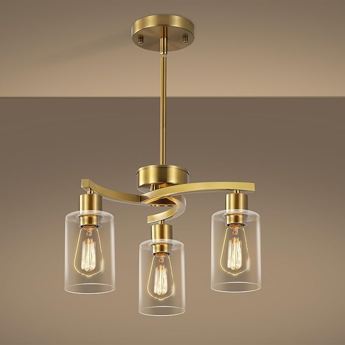 3-Light Gold Dining Room Chandeliers Over Table, Contemporary Kitchen Island Pendant Lighting, Industrial Hanging Light Fixture for Entryway Hallway Foyer Bedroom, Clear Glass Shade