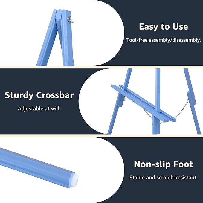 NianFeng Wooden Easel Stand for Sign, Easel Display Stand Floor for Wedding Sign with Adjustable Tray, 63-Inch, Tripod A-Frame Poster Light Duty, Welcome, Art Show & Baby Shower (Blue)