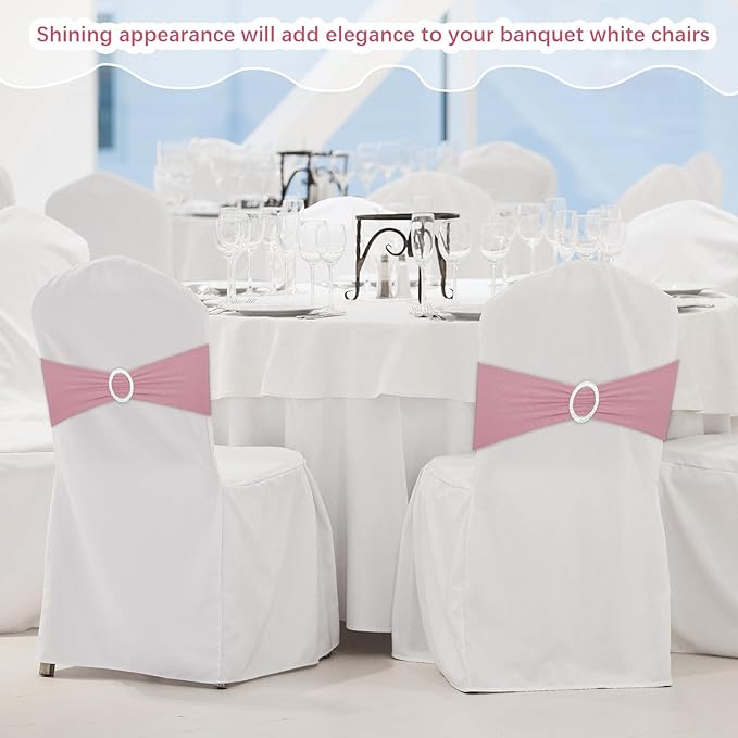 CHENGU 150 Pieces Spandex Stretch Chair Sashes Bows Elastic Chair Cover Bands Ties with Buckle Slider for Wedding Party Reception Events Universal Ceremony Banquet Decorations(Dusty Pink)