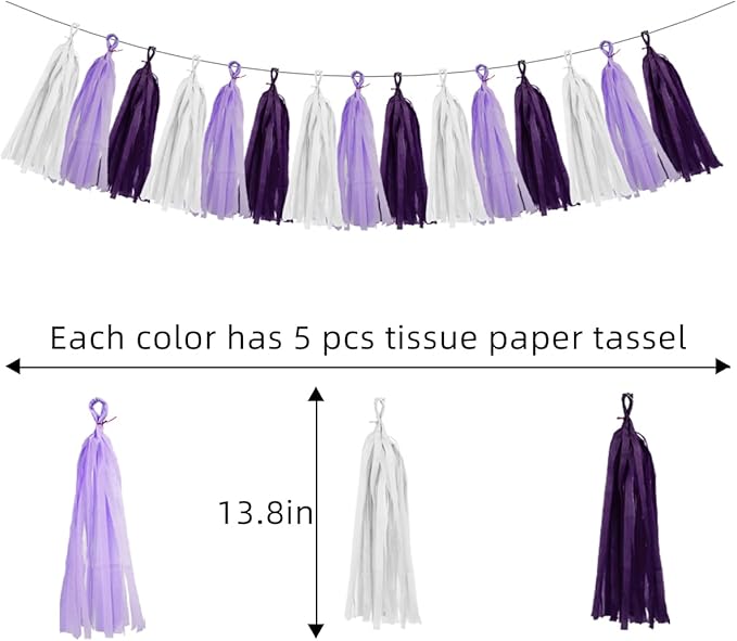 White Purple Party Decorations - 15Pcs Tissue Paper Tassel Garland Birthday Decorations Valentines Day Baby Girl Shower Women Bridal Wedding Engagement Bachelorette Graduation Hanging Decor