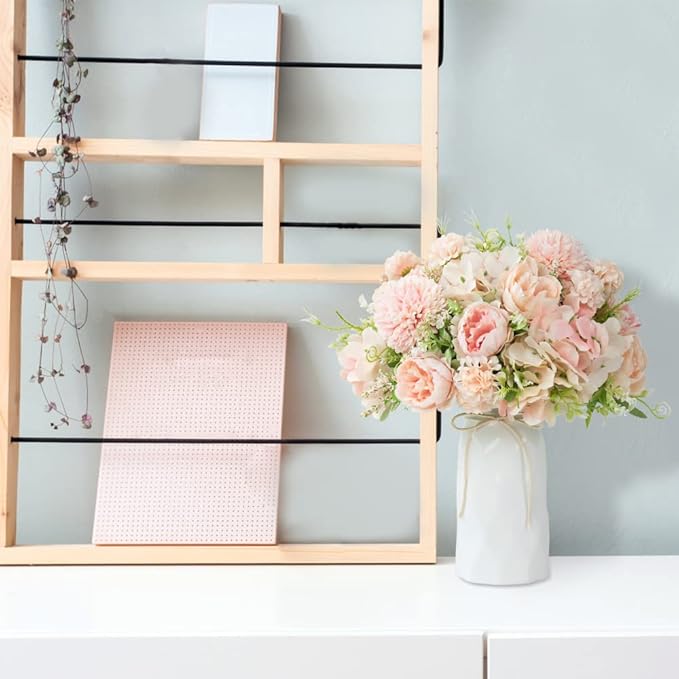 LESING Artificial Peony with Vase Silk Flowers Bouquets Fake Hydrangea Bulks for Home Table Centerpieces Wedding Decoration(Pink-1)