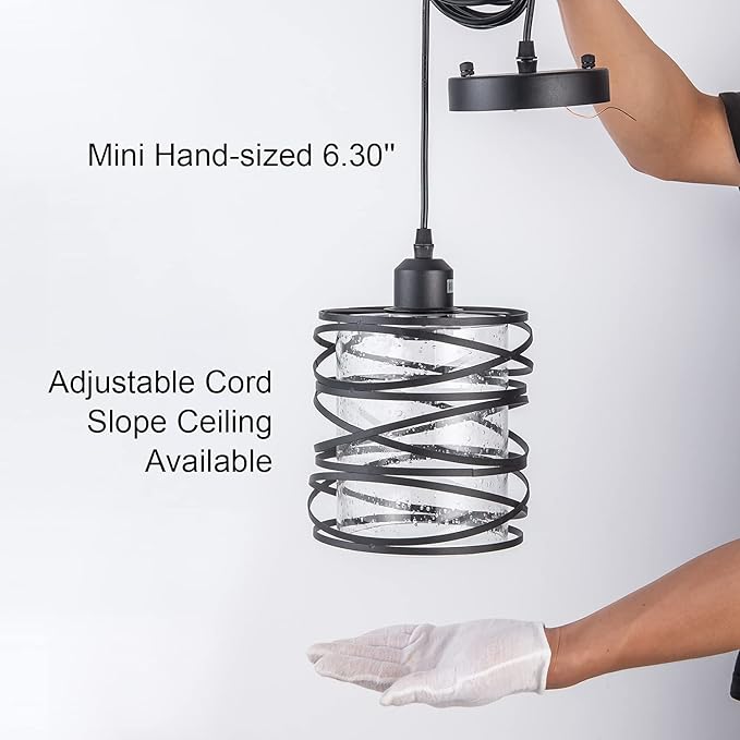Modern Mini Pendant Light Fixture 3-Pack Kitchen Island Pendant Lighting 6.3''Matte Black Spiral Cage Handblown Clear Seeded Glass Shade Adjustable Cord for Dining Room