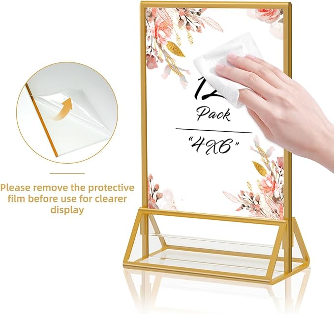 Gold Frames 4x6 Acrylic Sign Holder Double Sided Picture Frames for Wedding Table Number Menu Flyer Display for Office Home Party- Pack of 12
