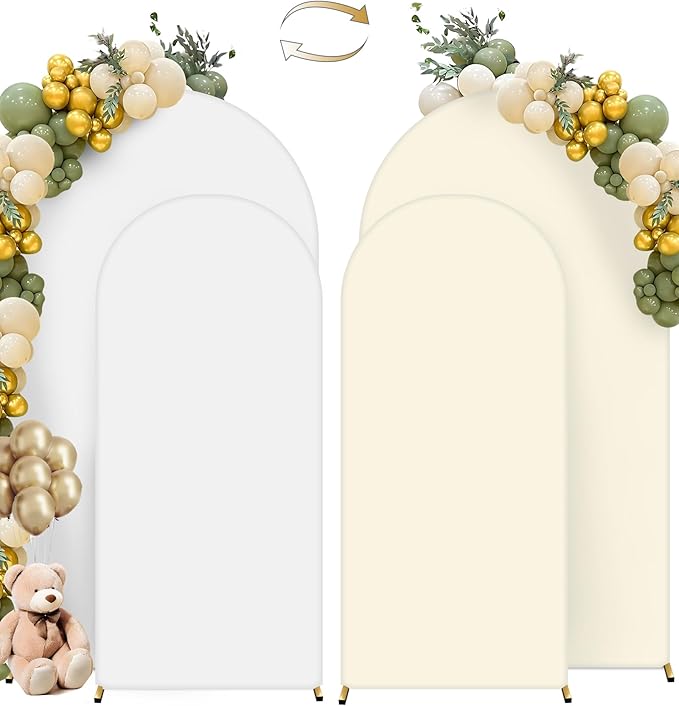 HEMMOTOP White and Light Beige Arch Backdrop Cover 7.2 ft, 6ft, Wedding Arch Covers Stretchy Backdrop 2 Set, Double Color Spandex Arched Background for Birthday Party, Baby Shower