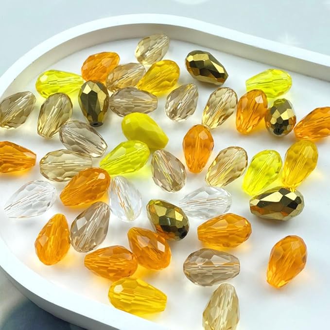 40pcs 10x15mm Teardrop Crystal Glass Beads Vertical Hole Faceted Loose Spacer Beads for DIY Craft Jewelry Making Necklace Bracelet Earring Wind Chimes(Yellow Series)