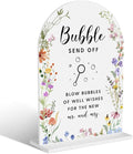 Acrylic Wedding Signs, Bubble Send Off Signs for Marriage Reception, Bridal Shower Decorations, Modern Arched Round Top Acrylic Table Top Sign with Holder for Wedding Party Dinner (White Wildflowers)
