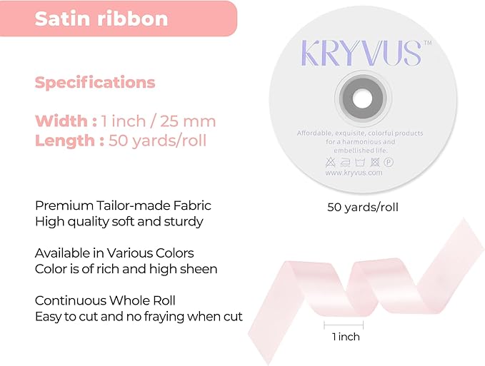 Baby Pink Satin Ribbon 1 inch X Continuous 50 Yards, Single Face Polyester Ribbon Perfect for Gift Wrapping, Flower Bouquet, Wedding Decor, Crafts, Bow Making, Sewing and More