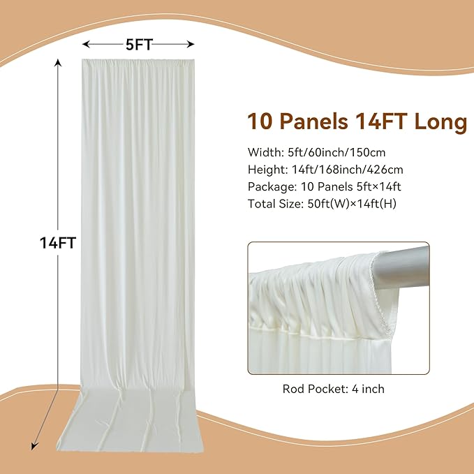 50×14ft Wrinkle Free Ivory Backdrop Curtain, Soft Silky Easy to Drape Cream Wedding Drapes for Backdrop, 10 Panels 5×14ft Photo Backdrop Curtains for Parties Birthday Photography Background Cloth