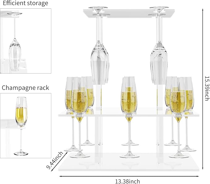 Champagne Tower, Rectangle Acrylic Champagne Display Rack Stand with 12 Slots, 2 Tiers Floating Sight Champagne Flute Holder for Party, Wedding, School, Celebration, 13.3x9.4x15.3 inch