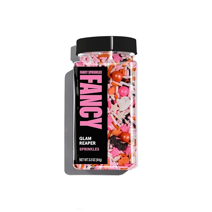 Fancy Sprinkles Limited Edition Halloween Glam Reaper Sprinkles Pink, Orange, Black, and White Crunchy Jimmies Candy Pearls, Bats and Pumpkins (0.5c)