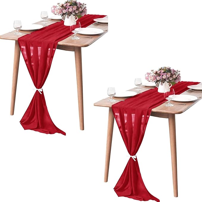 2 Pack 10Ft Red Chiffon Table Runner Sheer 29x120 Inch for Romantic Wedding Decor Bridal & Baby Shower Birthday Rustic Party Decoration