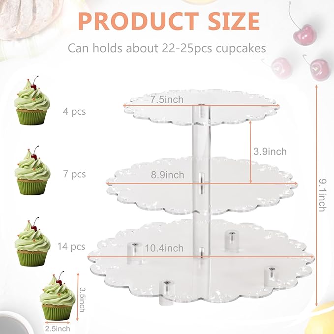 3 Tiers Acrylic Cupcake Stand, Lacework Design Cake Tower Stand Holder Macaron Display Rack Cookie Candy Buffet Desserts Platter with Base for Baby Shower, Birthday, Wedding