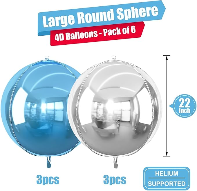 6Pcs Blue Silver Round Foil Balloons, 22inch 4D Metallic Silver Blue Balloons, Large Round Foil Ball Balloon for Boys Men Birthday Graduation Wedding Anniversary Party Backdrop Decoration