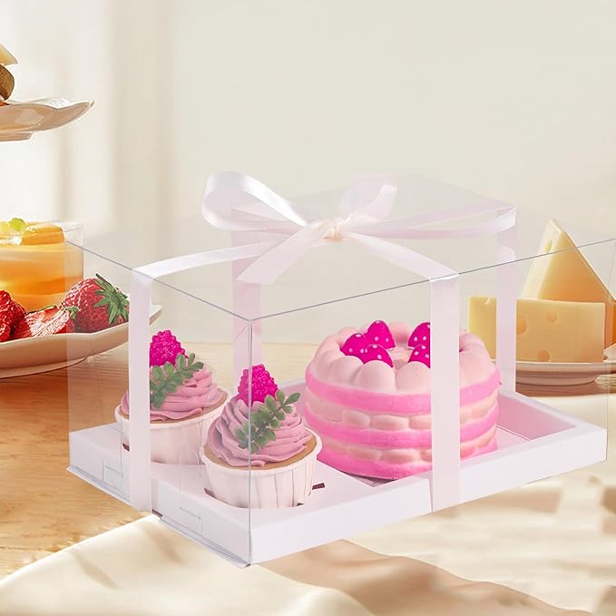 JCD 3 Pcs Cake Cupcake Combo Boxes,1+2 Cupcake carriers 2 Cupcakes Holes - Cakes and Cupcake Clear Boxes - Pastry Sweets Bento Boxes (2 Cupcakes and 1 Cake)(1+2/3Pcs)