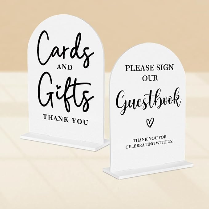 2 Pcs Acrylic Wedding Signs for Ceremony and Reception, Bridal Shower Decorations, Cards and Gifts Signs, Guest Book Sign, Arch Acrylic Table Top Sign with Holder for Wedding Reception (White)