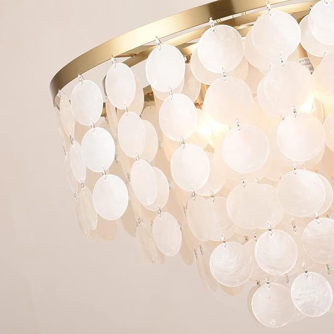 ALICE HOUSE 18.2" White Shell Chandeliers, Brushed Brass Finish, Coastal Kitchen Island Light Fixture, 4 Light Modern Pendant Light for Dining Room, Entryway and Bedroom, ETL Listed, AL2608-P4