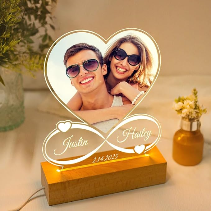 Custom Picture Frame with Photo, Personalized Photo Frame with Night Light, Customized Picture Frames, Personalized Anniversary Couple Gifts for Women Men Her Him Girlfriend Boyfriend