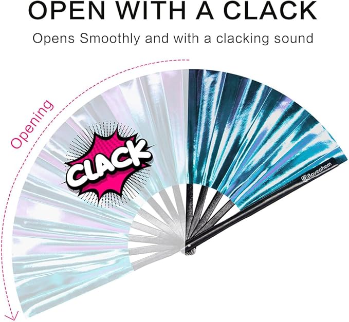 Large Rave Fan, Clack Folding Hand Fan with Premium Fabric, Thick Bamboo Frame for Men Women Gift for EDM, Festival, Club, Party, Dance, Decoration (Holographic Blue-Purple, 11")