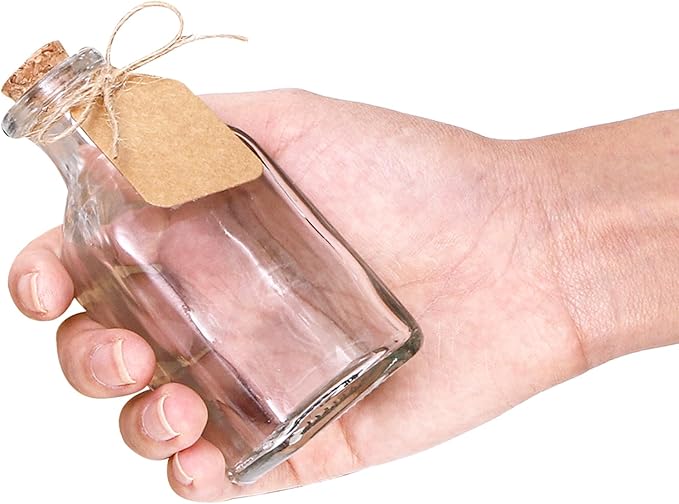 ZOOFOX 20 Pack Glass Bottles with Cork Stoppers, 3.4 oz Small Vintage Style Favor Jars, Clear Empty Cork Bottles for Party Favors, DIY Crafts, Extra Tags and String