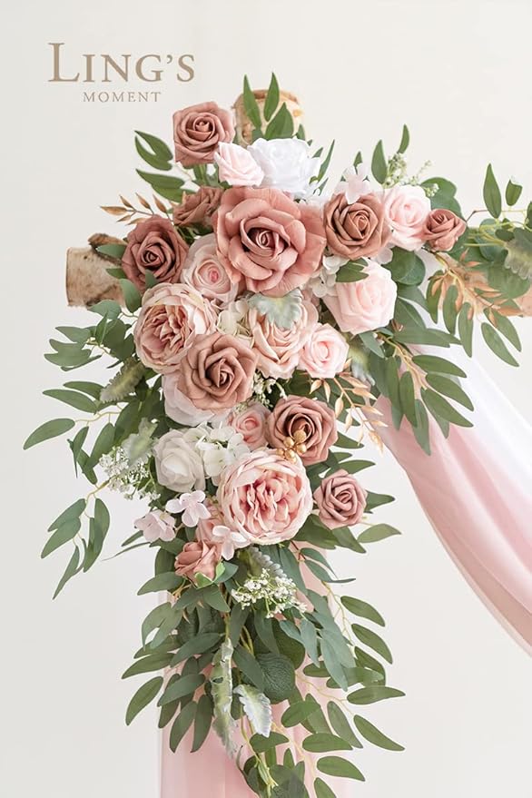 Ling's Moment Pink Artificial Wedding Arch Flowers Kit Pack of 4, 2pcs Hanging Flower Arrangement 2pcs Chiffon Drapes Ceremony Reception Spring Silk Rose Arbor Backdrop Floral Garden Outdoor Decor