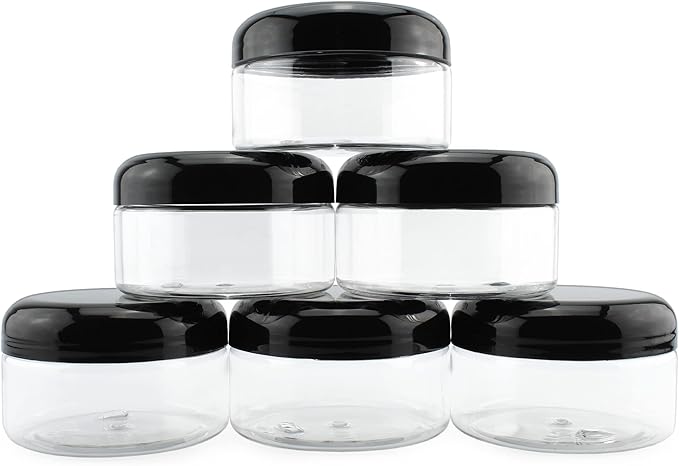 Cornucopia Brands 8oz Clear Plastic Jars w/Black Plastic Lids (6-Pack); BPA Free PET Stackable Containers for Bathroom & Kitchen Storage & Cosmetics