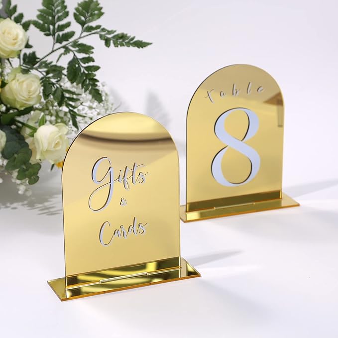 UNIQOOO 10 Pack Acrylic 5x7 Gold Mirror Arch Table Sign for Wedding with Holders, 1/8 in Thick, DIY Blank Arch Sign Sheet Perfect for Decoration, Party,Anniversary, Event, Stand Included
