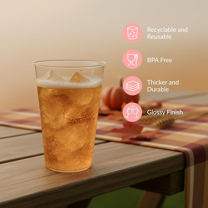 Prestee 100 Clear 14 Ounce Plastic Cups - Hard Plastic Disposable Tumblers for Wine, Cocktails, Water, and Beer - Sturdy Large Clear Cups for Parties, Weddings, Events - Reusable or Disposable