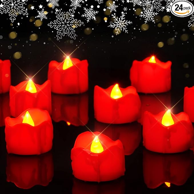 Homemory 24-Pack Halloween Red Dripping Flameless Tea Lights, Battery Operated Flickering LED Candles, Safe for Pumpkins, Party & Holiday Decor, 1.58" D x 1.2" H, Warm White Glow