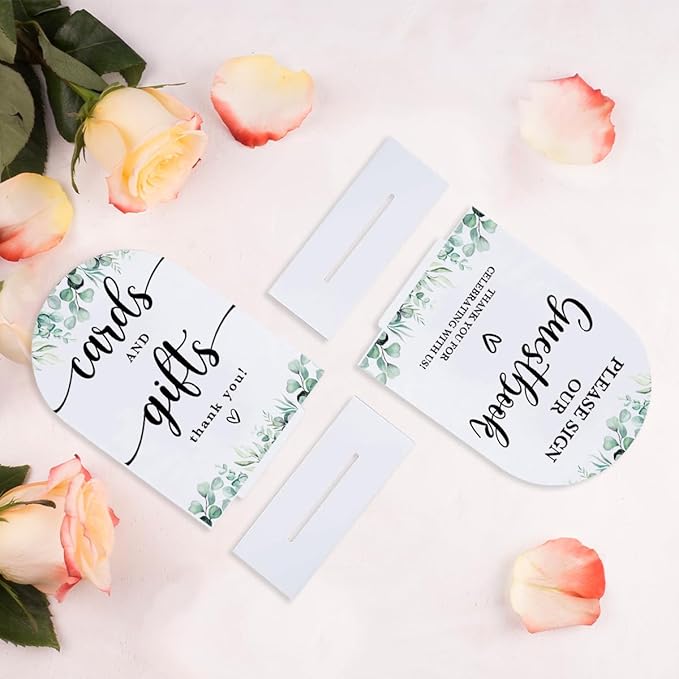 2 Pcs Acrylic Wedding Signs for Reception, Bridal Shower Decorations, Cards and Gifts Signs, Guest Book Sign, Arch Acrylic Table Top Sign with Holder for Wedding Reception (White Eucalyptus Leaves)