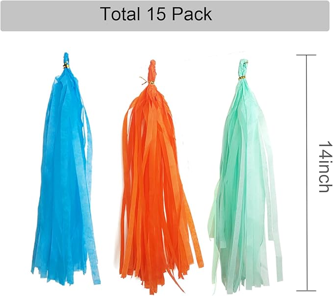 GAKA Orange Blue and Light Green Tissue Paper Tassel,Paper Tassel Garland Banner for Party Decor Supplies,15 PC