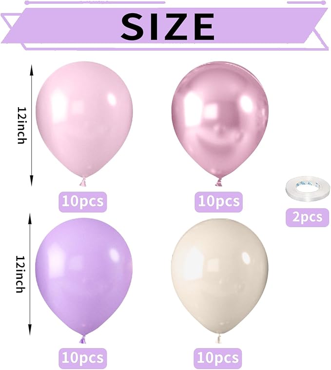 52 PCS 12 Inch Metallic Chrome Pink and Purple Latex Balloons for Girls Birthday, Baby Shower, Wedding Party Decoration