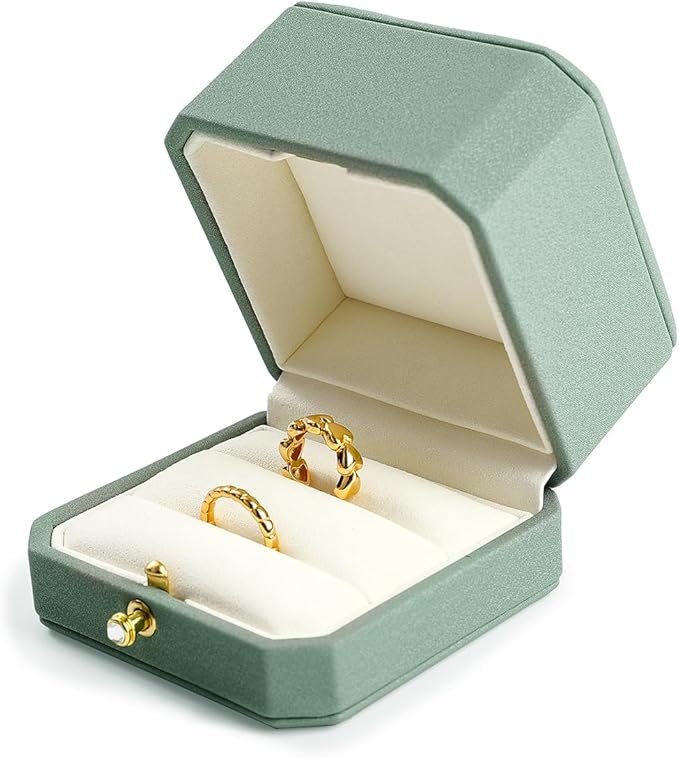 Oirlv Premium Leather Double Ring Box for Wedding Ceremony Engagement Couple Rings Holder Jewelry Gift Case(Green,Double)