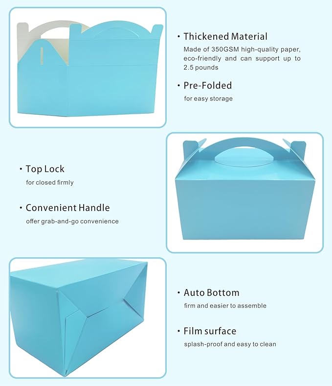 30-Pack Sky Blue Gable Treat Boxes with Handles - 6" Pop-Up Party Favor Gift Boxes for Birthday, Wedding, Baby Shower, Eco-Friendly Candy, Cookie, Goodie Bags for Kids, Bachelorette Decor