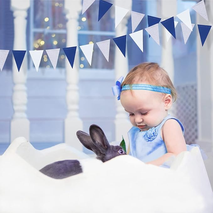 30 Ft Navy Blue White and Silver Party Decorations Royal Blue Triangle Flag Pennant Banner Bunting for Graduation Birthday Wedding Bridal Shower Nautical Ahoy Achor Theme Party Decorations Supplies